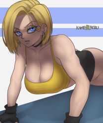 Rule 34 | 1girl, android 18, ass, bike shorts, blonde hair, blue eyes, breasts, cleavage, dragon ball, exercising, female focus, fingerless gloves, gloves, kameseru, large breasts, solo, tank top, yellow tank top