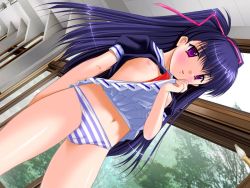 Rule 34 | 1girl, between breasts, black package, blush, body blush, breasts, brush, cameltoe, ceiling, clothes lift, dutch angle, embarrassed, female focus, fingernails, flat chest, fukada satsuki, game cg, hair ornament, hair ribbon, hallway, indoors, long hair, looking at viewer, louis&amp;visee, navel, necktie, nipples, no bra, paintbrush, panties, parted lips, pleated skirt, ponytail, puchi puchi gohoushi, puffy sleeves, purple eyes, purple hair, purple panties, ribbon, school uniform, serafuku, shiny skin, shirt lift, short hair, skirt, skirt around belly, skirt lift, small breasts, solo, standing, striped clothes, striped panties, thigh gap, thighs, tree, underwear, uniform, upskirt, window
