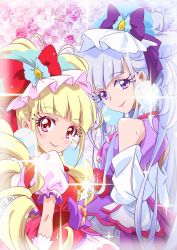 Rule 34 | 10s, 2girls, blush, bow, checkered background, cure amour, cure macherie, detached sleeves, gloves, hair bow, highres, hugtto! precure, long hair, looking at viewer, looking back, multiple girls, necktie, nii manabu, precure, purple bow, purple eyes, red bow, red eyes, red lips, red neckwear, short sleeves, silver hair, smile, sparkle, very long hair, white gloves