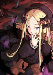 Rule 34 | 1girl, abigail williams (fate), arm support, black bow, black dress, black hat, blonde hair, bow, bug, butterfly, closed mouth, commentary request, dress, fate/grand order, fate (series), hair bow, hakuya (white night), hat, insect, licking, licking finger, long hair, long sleeves, looking at viewer, orange bow, parted bangs, polka dot, polka dot bow, purple eyes, sketch, smile, solo, stuffed animal, stuffed toy, teddy bear, very long hair