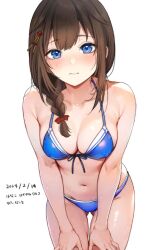 Rule 34 | 1girl, ahoge, bikini, blue bikini, blue eyes, braid, breasts, brown hair, closed mouth, collarbone, dated, hair flaps, hair ornament, hair over shoulder, hairpin, hanako (peanut), hands on own thighs, kantai collection, large breasts, leaning forward, light blush, long hair, looking at viewer, navel, official alternate costume, shigure (kancolle), shigure kai san (kancolle), single braid, solo, swimsuit, white background
