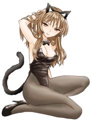 Rule 34 | 1girl, animal ears, bow, bowtie, breasts, brown eyes, brown hair, cat ears, cleavage, detached collar, helena havel, kittysuit, leotard, long hair, nontraditional playboy bunny, original, pantyhose, tail, teyuno, ukagaka, wrist cuffs