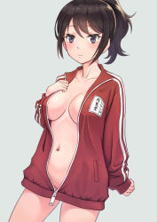 Rule 34 | 1girl, breasts, closed mouth, grey background, highres, jacket, looking at viewer, medium breasts, meow (nekodenki), navel, no panties, open clothes, open jacket, original, ponytail, purple eyes, red jacket, short hair, simple background, solo, track jacket, track suit
