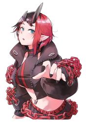 Rule 34 | 1girl, black hair, black jacket, black nails, black pants, black sports bra, blue eyes, breasts, chain, commentary request, cowboy shot, cropped jacket, demon girl, demon horns, ear chain, ear piercing, highres, horns, jacket, koitoishisaki, large breasts, looking at viewer, midriff, multicolored hair, nail polish, nanashi inc., navel, open clothes, open jacket, open mouth, pants, piercing, pointy ears, reaching, reaching towards viewer, red hair, red pants, red sports bra, ryugasaki rene, ryugasaki rene (1st costume), short hair, simple background, solo, sports bra, sugar lyric, two-tone hair, two-tone pants, underboob, virtual youtuber, white background, zipper