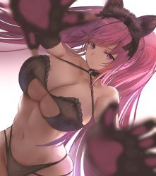 Rule 34 | 1girl, absurdres, animal ears, animal hands, azur lane, bikini, black bikini, black gloves, blurry, breasts, cat ears, fake animal ears, gloves, highres, la galissonniere (azur lane), la galissonniere (black cat of all hallows&#039; eve) (azur lane), large breasts, liaowen, long hair, looking at viewer, navel, official alternate costume, paw gloves, pink eyes, pink hair, simple background, solo, swimsuit, twintails, white background