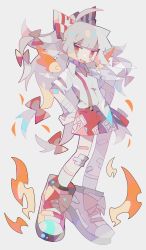 Rule 34 | 1girl, absurdres, adapted costume, ahoge, asagina gi, bandaged wrist, bandages, bandaid, bandaid on leg, blush stickers, bow, breasts, cigarette, commentary request, detached wings, fiery wings, fire, fujiwara no mokou, full body, grey background, grey hair, hair bow, hands on own hips, highres, long hair, red bow, red eyes, red footwear, red shorts, shirt, shoes, short sleeves, shorts, small breasts, socks, solo, suspenders, torn clothes, torn sleeves, touhou, white shirt, white socks, wings