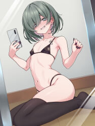 1girl bare_arms bare_shoulders bikini black_bikini black_nails black_thighhighs blush borrowed_character cellphone colored_inner_hair covered_erect_nipples ear_piercing fingernails green_hair grin highres holding holding_phone long_fingernails looking_at_viewer mirror multicolored_hair navel no_shoes original phone piercing pink_hair reflection short_hair sitting smartphone smile solo swimsuit thighhighs yotubeya