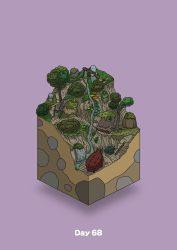 Rule 34 | boar, bush, carrying, commentary request, diorama, gozz, highres, isometric, log, original, plant, purple background, tree, tusks, water, waterfall