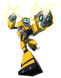 Rule 34 | 1boy, absurdres, arm blade, artist name, blue eyes, bumblebee, electricity, highres, insignia, jeetdoh, mecha, no humans, open mouth, robot, running, smile, transformers, transformers animated, weapon, white background
