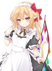 Rule 34 | 1girl, alternate costume, animal ear fluff, animal ears, apron, bell, black dress, blonde hair, blush, bow, breasts, cat ears, cleavage, commentary request, cowboy shot, crystal, dated, dress, enmaided, flandre scarlet, hair bow, hand up, haruki (colorful macaron), jingle bell, kemonomimi mode, long hair, maid, maid apron, maid headdress, one side up, puffy short sleeves, puffy sleeves, red bow, short sleeves, signature, simple background, skirt hold, solo, standing, touhou, white apron, white background, wings, wrist cuffs, yellow eyes