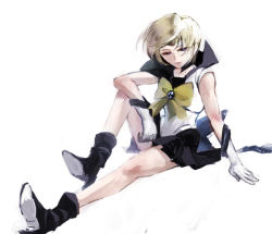 Rule 34 | 1girl, arm rest, bare legs, bishoujo senshi sailor moon, black footwear, black skirt, blonde hair, blue sailor collar, boots, bow, brooch, circlet, gloves, high heels, imui, jewelry, platinum blonde hair, sailor collar, sailor uranus, short hair, sitting, skirt, solo, ten&#039;ou haruka, very short hair, white background, white gloves, yellow bow