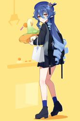 Rule 34 | 1girl, backpack, bag, bare legs, beret, black footwear, black skirt, blue hair, blue hat, blue socks, blush, boots, buttons, character request, closed mouth, controller, drill hair, from behind, genshin impact, grabber tool, grey jacket, hair between eyes, hair ornament, hat, high heel boots, high heels, highres, jacket, joystick, kneepits, layla (genshin impact), long sleeves, looking at viewer, looking back, miniskirt, orange eyes, pleated skirt, pointy ears, shadow, shopping bag, sidelocks, skirt, smile, socks, solo, twin drills, twirly-whirly (genshin impact), utori (tanakautori), x hair ornament, yellow background
