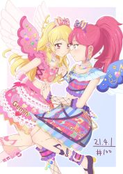 Rule 34 | 2girls, aikatsu!, aikatsu! (series), angel wings, anklet, blonde hair, bow, closed mouth, detached sleeves, gradient background, hair bow, hair ornament, hand grab, heart, highres, hoshimiya ichigo, idol, jewelry, leaning forward, long hair, looking at another, midriff, multiple girls, musical note, necklace, otoshiro seira, penfish323, red eyes, red hair, shoes, smile, star (symbol), star hair ornament, wings, yellow eyes, yuri
