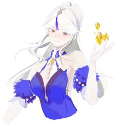 Rule 34 | 1girl, blue collar, blue dress, breasts, collar, cropped torso, dress, gem, genshin impact, hair ornament, highres, jewelry, long hair, looking at viewer, medium breasts, ningguang (genshin impact), ningguang (orchid&#039;s evening gown) (genshin impact), pale skin, parted lips, red eyes, simple background, solo, tassel, tassel hair ornament, upper body, very long hair, white background, zippo (2387576974)