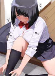 Rule 34 | 1girl, bag, black hair, black skirt, blush, bra visible through clothes, breast press, breasts, button gap, closed mouth, collared shirt, commentary request, grey eyes, inconvenient breasts, kaisen chuui, kneehighs, large breasts, original, pleated skirt, putting on shoes, red neckwear, school bag, school uniform, shirt, short hair, sitting, skirt, socks, solo, speech bubble, tile floor, tiles, white footwear, white shirt
