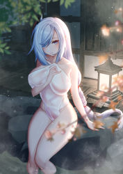 Rule 34 | 1girl, blue eyes, blue hair, blurry, blurry foreground, braid, breasts, collarbone, covered navel, covering privates, genshin impact, hair ornament, highres, lantern, large breasts, light blue hair, long hair, looking at viewer, low-braided long hair, low-tied long hair, naked towel, night, nude cover, onsen, partially submerged, ponytail, shenhe (genshin impact), sitting, so tsubasa, swept bangs, towel, tree, very long hair, water, wet towel