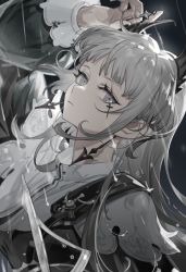 Rule 34 | 1girl, absurdres, arknights, arm up, black nails, capelet, closed mouth, expressionless, female focus, grey eyes, grey hair, head wings, highres, irene (arknights), long hair, long sleeves, looking at viewer, nail polish, outdoors, rain, requiemzz, scar, scar across eye, scar on face, solo, upper body, white capelet, wings
