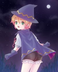 Rule 34 | 1boy, black bloomers, blonde hair, bloomers, blush, cape, cowboy shot, from behind, full moon, gloves, green eyes, hair between eyes, hat, looking back, male focus, moon, night, oginy, open mouth, original, outdoors, puffy sleeves, purple gloves, purple hat, ribbon, short hair, smile, solo, star (symbol), striped, underwear, vertical-striped underwear, witch hat