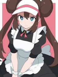 Rule 34 | 1girl, alternate costume, apron, black dress, blue eyes, blush, breasts, bright pupils, brown hair, closed mouth, commentary request, creatures (company), double bun, doughnut hair bun, dress, enmaided, frown, game freak, hair bun, highres, kuma (pmnt3825), long hair, looking at viewer, maid, medium breasts, neck ribbon, nintendo, pink background, pink ribbon, pokemon, pokemon bw2, ribbon, rosa (pokemon), short sleeves, solo, twintails, visor cap, white apron, white pupils, wrist cuffs