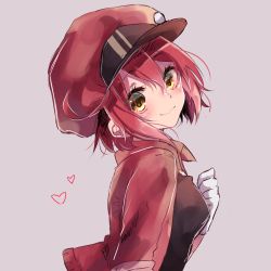 Rule 34 | 10s, 1girl, ae-3803, bad id, bad pixiv id, black shirt, blush, breasts, brown background, brown eyes, cabbie hat, closed mouth, cropped jacket, from side, gloves, gradient background, grey background, hair between eyes, hand up, hat, hataraku saibou, head tilt, heart, highres, jacket, looking at viewer, looking to the side, naoton, red blood cell (hataraku saibou), red hair, red hat, red jacket, shirt, short sleeves, small breasts, smile, solo, upper body, wavy mouth, white gloves