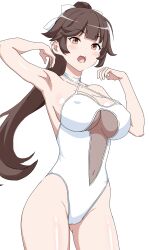 1girl azur_lane black_hair breasts brown_eyes choker cleavage clothing_cutout covered_erect_nipples criss-cross_halter hair_flaps halterneck highres large_breasts long_hair looking_at_viewer navel_cutout official_alternate_costume one-piece_swimsuit oyuki_(valbo) ponytail simple_background solo swimsuit takao_(azur_lane) takao_(beach_rhapsody)_(azur_lane) white_background white_choker white_one-piece_swimsuit