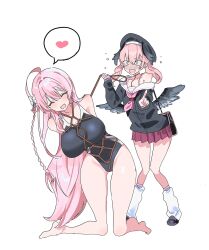 Rule 34 | &lt;|&gt; &lt;|&gt;, 2girls, ahoge, bakemon (artist), black cardigan, black wings, blue archive, blue one-piece swimsuit, blush, bound, bow, breasts, cardigan, cleavage, closed mouth, collarbone, feathered wings, grey wings, hair bow, hanako (blue archive), head wings, heart, highres, kneeling, koharu (blue archive), large breasts, long hair, long sleeves, low twintails, medium hair, multicolored wings, multiple girls, neckerchief, off shoulder, one-piece swimsuit, open mouth, pink hair, pink neckerchief, pink skirt, pleated skirt, restrained, sailor collar, school swimsuit, shibari, sketch, skirt, small breasts, smile, spoken heart, standing, swimsuit, tearing up, twintails, very long hair, white bow, white sailor collar, wings, yuri