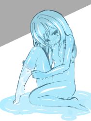 Rule 34 | 1girl, blue eyes, blue hair, blue skin, breasts, colored skin, curss, looking at viewer, monster girl, navel, no nipples, nude, puddle, slime girl, small breasts, socks, solo, transformation