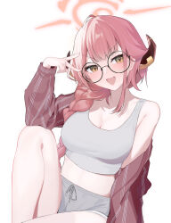 Rule 34 | 1girl, absurdres, arm up, aru (blue archive), bespectacled, blue archive, blush, breasts, chinoryuu, crop top, drawstring, glasses, grey shorts, grey tank top, halo, highres, horns, large breasts, off shoulder, pink hair, round eyewear, shirt, short shorts, shorts, simple background, solo, striped clothes, striped shirt, tank top, v, v-shaped eyebrows, white background, yellow eyes
