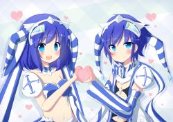 Rule 34 | 1boy, 1girl, :d, ao no repika, ao no rupika, armor, bare shoulders, beatmania, beatmania iidx, blue eyes, blue hair, blush, breasts, cleavage, closed mouth, commentary request, detached sleeves, heart, heart hands, heart hands duo, long sleeves, medium breasts, navel, open mouth, pauldrons, plaid, plaid background, rensei, shoulder armor, single pauldron, smile, teeth, upper teeth only