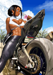 Rule 34 | 1girl, abs, arm behind back, arung samudra (cessa), black eyes, black hair, blue sky, breasts, cessa, cleavage, dark-skinned female, dark skin, earrings, jewelry, large breasts, motor vehicle, motorcycle, ombok diving and delivery services, round eyewear, shiny clothes, short hair, sidelocks, skin tight, sky, sunglasses