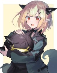 Rule 34 | 1girl, animal, arknights, black shirt, blonde hair, choker, commentary request, green jacket, hair between eyes, holding, holding animal, horns, jacket, long sleeves, one-hour drawing challenge, open clothes, open jacket, open mouth, originium slug (arknights), pointy ears, red eyes, sasa onigiri, shirt, short hair, smile, solo, tail, upper body, vanilla (arknights)