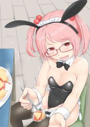 Rule 34 | 1girl, animal ears, bespectacled, black bow, black bowtie, black leotard, black thighhighs, bow, bowtie, breasts, detached collar, fake animal ears, feeding, food, glasses, hair bobbles, hair ornament, highres, kantai collection, leotard, looking at viewer, medium breasts, mimofu (fullhighkick), omelet, omurice, open mouth, pink eyes, pink hair, playboy bunny, rabbit ears, red-framed eyewear, sazanami (kancolle), short hair, sitting, smile, solo, spoon, strapless, strapless leotard, thighhighs, twintails, wrist cuffs