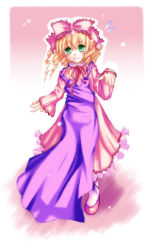Rule 34 | 00s, 1girl, apron, blonde hair, bow, dress, flying sweatdrops, full body, green eyes, grin, high heels, hinaichigo, looking at viewer, pink bow, pink dress, pink footwear, pumps, rozen maiden, shoes, smile, solo, standing, wavy mouth, white legwear