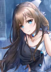 Rule 34 | 1girl, aqua eyes, artist name, artist request, back bow, bare shoulders, belt, black dress, black gloves, blue eyes, blush, bow, bow hairband, breasts, brooch, brown hair, buttons, choker, cleavage, close-up, collarbone, diamond (gemstone), dress, drop earrings, earrings, evening gown, female focus, floating hair, gloves, grey belt, grey bow, hair between eyes, hair bow, hairband, half updo, high ponytail, highres, jewelry, lace, lace gloves, long hair, looking at viewer, love live!, love live! nijigasaki high school idol club, love live! school idol festival, multicolored clothes, multicolored dress, off-shoulder dress, off shoulder, osaka shizuku, outdoors, parted lips, pink lips, plaid, plaid dress, playing with own hair, pleated, pleated dress, ponytail, rain, sleeveless, sleeveless dress, small breasts, smile, solitude rain (love live!), solo, two-tone dress, upper body, wavy hair, white bow, white choker, white dress