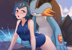 Rule 34 | 1boy, 1girl, :o, arched back, ass, bare arms, blue eyes, blue hair, blue one-piece swimsuit, blush, breasts, bright pupils, chikaretsu, cloud, commentary, covered erect nipples, creatures (company), day, freckles, furry, furry male, furry with non-furry, game freak, gen 3 pokemon, hairband, hand on another&#039;s stomach, highres, interspecies, lana (pokemon), looking back, motion lines, nintendo, one-piece swimsuit, open mouth, outdoors, pokemon, pokemon (creature), pokemon sm, pokephilia, rock, sand, sex, shiny skin, short hair, sky, splashing, swampert, swimsuit, tongue, water, wet, wet clothes, wet swimsuit, yellow hairband