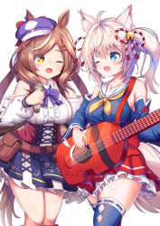 Rule 34 | 2girls, animal ears, breasts, brown hair, commentary request, guitar, hat, highres, horse ears, howan (show by rock!!), instrument, large breasts, looking at another, matikane tannhauser (umamusume), microphone, multiple girls, one eye closed, open mouth, show by rock!!, silver hair, simple background, thighhighs, thighs, umamusume, voice actor connection, yuutopia