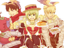 Rule 34 | 1girl, 2boys, armor, bell, black footwear, black gloves, blonde hair, blue eyes, blush, boitata, breastplate, brown eyes, brown hair, butter, cape, chainmail, champion (ragnarok online), championship belt, coat, commentary request, cross, fake wings, feet out of frame, food, fork, gauntlets, gloves, godiva chocolatier, gradient wings, green eyes, green hair, hairband, head wings, holding, holding fork, holding plate, jingle bell, leg armor, looking at viewer, looking to the side, lord knight (ragnarok online), multicolored wings, multiple boys, noodles, nyt (1-0-z), open clothes, open coat, open mouth, orange wings, pancake, pauldrons, plate, purple wings, ragnarok online, ramen, red cape, red gloves, red scarf, scarf, short hair, shoulder armor, sleeveless, sleeveless coat, smile, snake, spiked gauntlets, syrup, tabard, two-tone gloves, white coat, winged hairband, wings