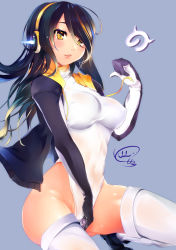 Rule 34 | 10s, 1girl, absurdres, black hair, black jacket, boots, brown eyes, cekonikova, covered navel, emperor penguin (kemono friends), grey background, hair over one eye, headphones, highleg, highleg leotard, highres, jacket, japari symbol, kemono friends, leotard, long hair, looking at viewer, multicolored hair, open clothes, open jacket, signature, simple background, solo, squatting, thighhighs, white leotard, white thighhighs