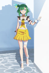 Rule 34 | 1girl, black sailor collar, blue eyes, braid, character request, closed mouth, detached collar, fingerless gloves, full body, gloves, green hair, green skirt, hair bun, hand up, highres, indie virtual youtuber, ishii hisao, legband, miniskirt, navel, sailor collar, shoes, short hair, single hair bun, skirt, smile, solo, standing, vest, virtual youtuber, white footwear, yellow skirt