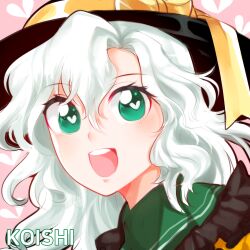 Rule 34 | 1girl, black hat, bow, character name, frilled shirt collar, frills, green eyes, green hair, green sailor collar, hair between eyes, happy, hat, hat bow, hat ribbon, heart, heart-shaped pupils, komeiji koishi, looking at viewer, medium hair, mindoll, one-hour drawing challenge, open mouth, pink background, portrait, ribbon, sailor collar, shirt, simple background, solo, symbol-shaped pupils, teeth, touhou, upper teeth only, yellow bow, yellow ribbon, yellow shirt