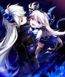 Rule 34 | 1boy, 1girl, :d, arm at side, back, bad id, bad pixiv id, black coat, blue dress, blue eyes, blue panties, blue skin, cape, ciel (elsword), coat, colored skin, covered mouth, cross, cross earrings, crown, demonio (elsword), diabla (elsword), dress, ear piercing, earrings, elsword, fang, from above, glowing, hagha, hair between eyes, high collar, horns, jewelry, long hair, long sleeves, looking at viewer, luciela r. sourcream, navel, open mouth, panties, piercing, pointy ears, sidelocks, signature, single horn, sleeveless, sleeveless dress, smile, spikes, stomach, symbol-shaped pupils, tail, underwear, very long hair, white hair