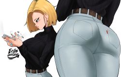 Rule 34 | 1girl, absurdres, alternate costume, android 18, ass, blonde hair, blue eyes, breasts, denim, dragonball z, echo saber, from behind, from below, from side, high-waist pants, highres, huge ass, jeans, large breasts, multiple views, pants, shiny clothes, shirt tucked in, short hair, simple background, skin tight, thighs, white background