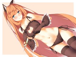 Rule 34 | 10s, 1girl, 3:, alternate hairstyle, bangle, black bra, black gloves, black panties, black thighhighs, blush, bra, bracelet, breasts, brown hair, cat cutout, cat cutout panties, cat lingerie, clarisse (granblue fantasy), cleavage, cleavage cutout, clothing cutout, dutch angle, embarrassed, frill trim, frills, frown, gloves, gluteal fold, granblue fantasy, green eyes, hair down, jewelry, long hair, medium breasts, meme attire, navel, panties, shiren (monochrome structure), side-tie panties, solo, sweatdrop, thighhighs, underwear, very long hair