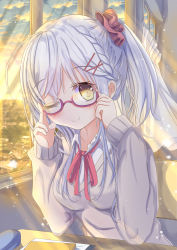 Rule 34 | 1girl, ;), adjusting eyewear, aruka (alka p1), blue sky, blush, braid, chair, cityscape, closed mouth, cloud, cloudy sky, collared shirt, commentary request, curtains, desk, glasses, glasses case, grey sweater, hair ornament, hair scrunchie, hairclip, hands up, head tilt, highres, indoors, long hair, long sleeves, neck ribbon, on chair, one eye closed, original, ponytail, red-framed eyewear, red ribbon, red scrunchie, ribbon, school chair, school desk, scrunchie, semi-rimless eyewear, shirt, silver hair, sitting, sky, sleeves past wrists, smile, solo, sunset, sweater, transparent, under-rim eyewear, white shirt, window, yellow eyes