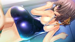Rule 34 | 1boy, 1girl, ass, blush, brown hair, buttjob, buttjob under clothes, censored, huge ass, lying, on stomach, one-piece swimsuit, open mouth, penis, penis under another&#039;s clothes, purple eyes, rubbing, sukumizu tabehoudai, swimsuit, twintails, wet