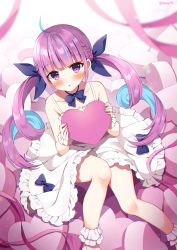 Rule 34 | 1girl, ahoge, bare shoulders, blue hair, blue nails, blue ribbon, blush, braid, commentary request, dress, feet out of frame, frilled dress, frills, hair ribbon, heart, holding, holding heart, hololive, long hair, looking at viewer, mauve, minato aqua, multicolored hair, nail polish, pink ribbon, purple eyes, purple hair, ribbon, sitting, sleeveless, sleeveless dress, solo, twintails, twitter username, two-tone hair, very long hair, virtual youtuber, white dress, wrist cuffs