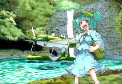 Rule 34 | 1girl, afloat, aircraft, airplane, aqua eyes, aqua hair, backpack, bad id, bad pixiv id, bag, blush stickers, dress, floating, forest, hat, kawashiro nitori, looking at viewer, marker (medium), millipen (medium), nature, open mouth, outstretched arm, pontoon, river, seaplane, shiratama (hockey), short twintails, skirt, skirt set, solo, touhou, traditional media, tree, twintails, two side up, vehicle focus, water, waterfall
