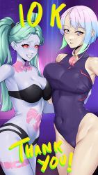 Rule 34 | 2girls, aqua hair, asymmetrical docking, bandeau, bare shoulders, bikini, black bikini, blue hair, breast press, breasts, cleavage, colored sclera, commentary, covered navel, cowboy shot, cyberpunk (series), cyberpunk edgerunners, damobelmont, english commentary, green hair, grin, groin, highres, large breasts, leotard, long hair, looking at viewer, lucy (cyberpunk), milestone celebration, multicolored hair, multiple girls, navel, parted lips, pink hair, purple leotard, rebecca (cyberpunk), red eyes, red sclera, smile, standing, stomach, strapless, strapless bikini, swimsuit, thighs, toned, twintails, very long hair