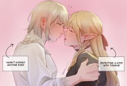 Rule 34 | 2girls, arm grab, arrow (symbol), blonde hair, blush, body fur, braid, choker, couple, dungeon meshi, ear blush, elf, english text, face-to-face, facing another, falin touden, grey hair, hair ribbon, half updo, highres, imminent kiss, jun (lettuccine), long hair, marcille donato, multiple girls, nose blush, open mouth, pink background, pointy ears, profile, puckered lips, red ribbon, ribbon, short hair, side braid, tongue, tongue out, upper body, yuri