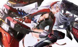 Rule 34 | 1girl, azur lane, breasts, buttons, commentary request, cross, double-breasted, gloves, grey background, iron cross, lal!role, long hair, long sleeves, machinery, mole, mole on breast, multicolored hair, open mouth, prinz eugen (azur lane), red headwear, sideboob, simple background, solo, squatting, streaked hair, thighhighs, turret, white hair, yellow eyes